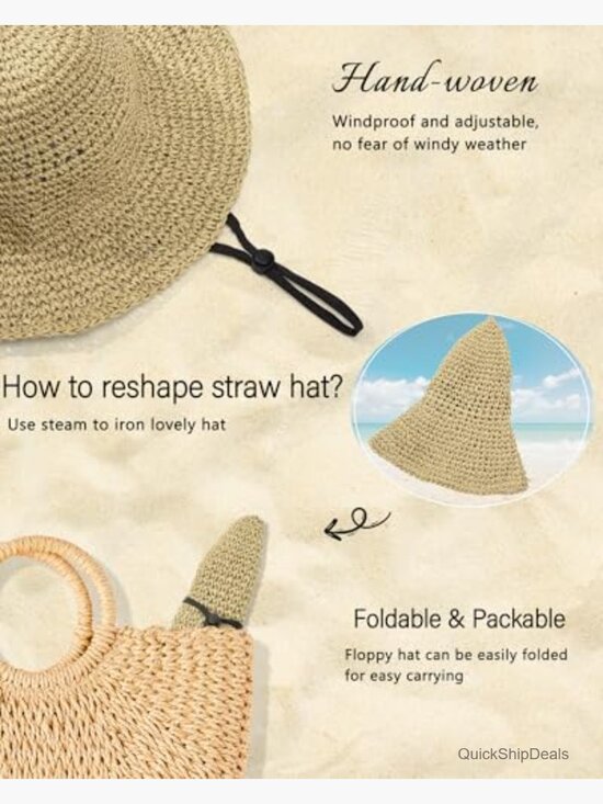 Handmade Straw Floppy Sun Hat Wide Brim Packable UPF 50+